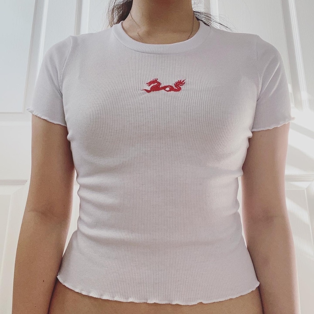 Dragon Embroidered White Rib Top
